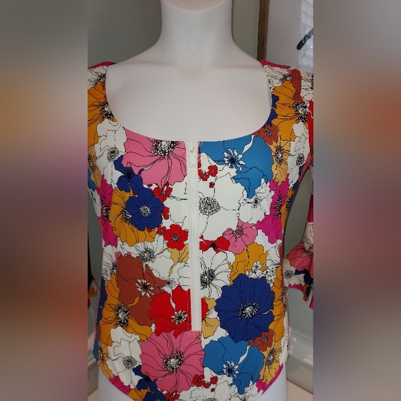 Stylest MultiColor Floral Print 3/4 Bell Sleeve Zip Front One Piece Swimsuit NWT - Picture 2 of 8
